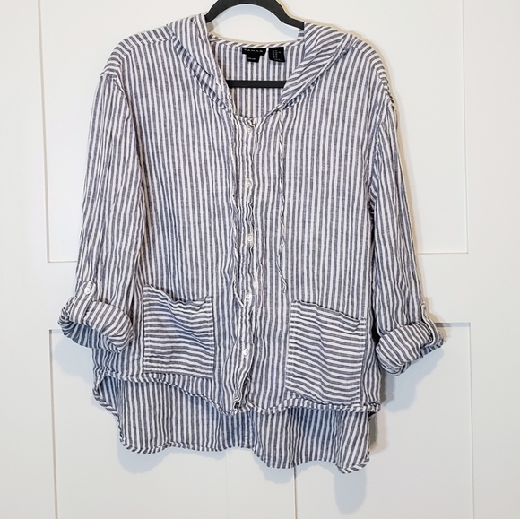 Tahari Tops - Tahari Linen Striped Hooded Hi Low Button Down Tunic Blouse XL Light Blue White